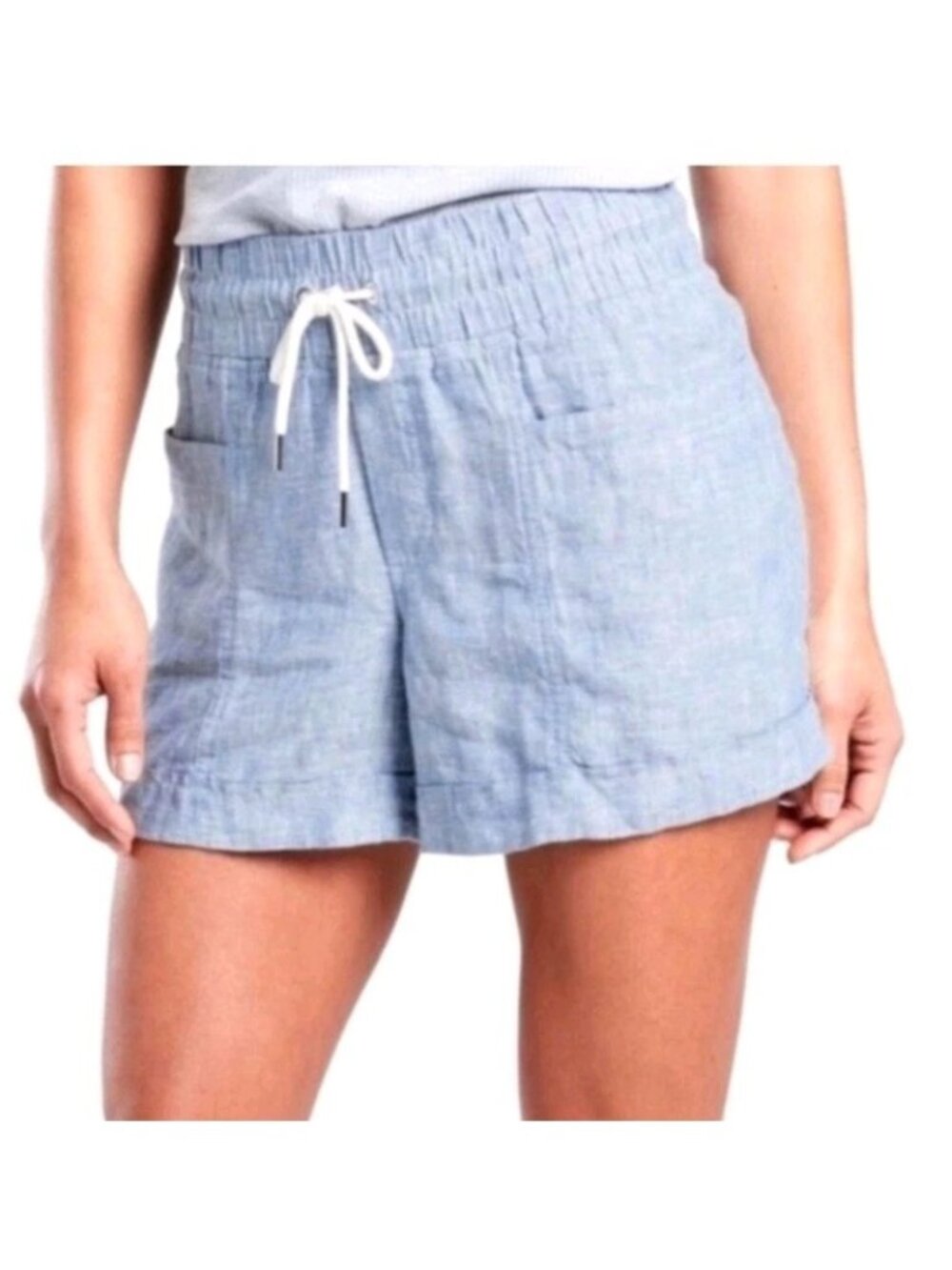 Athleta Cabo 100% Linen 4" Shorts Size 10 Chambray Blue Coastal Beach Travel